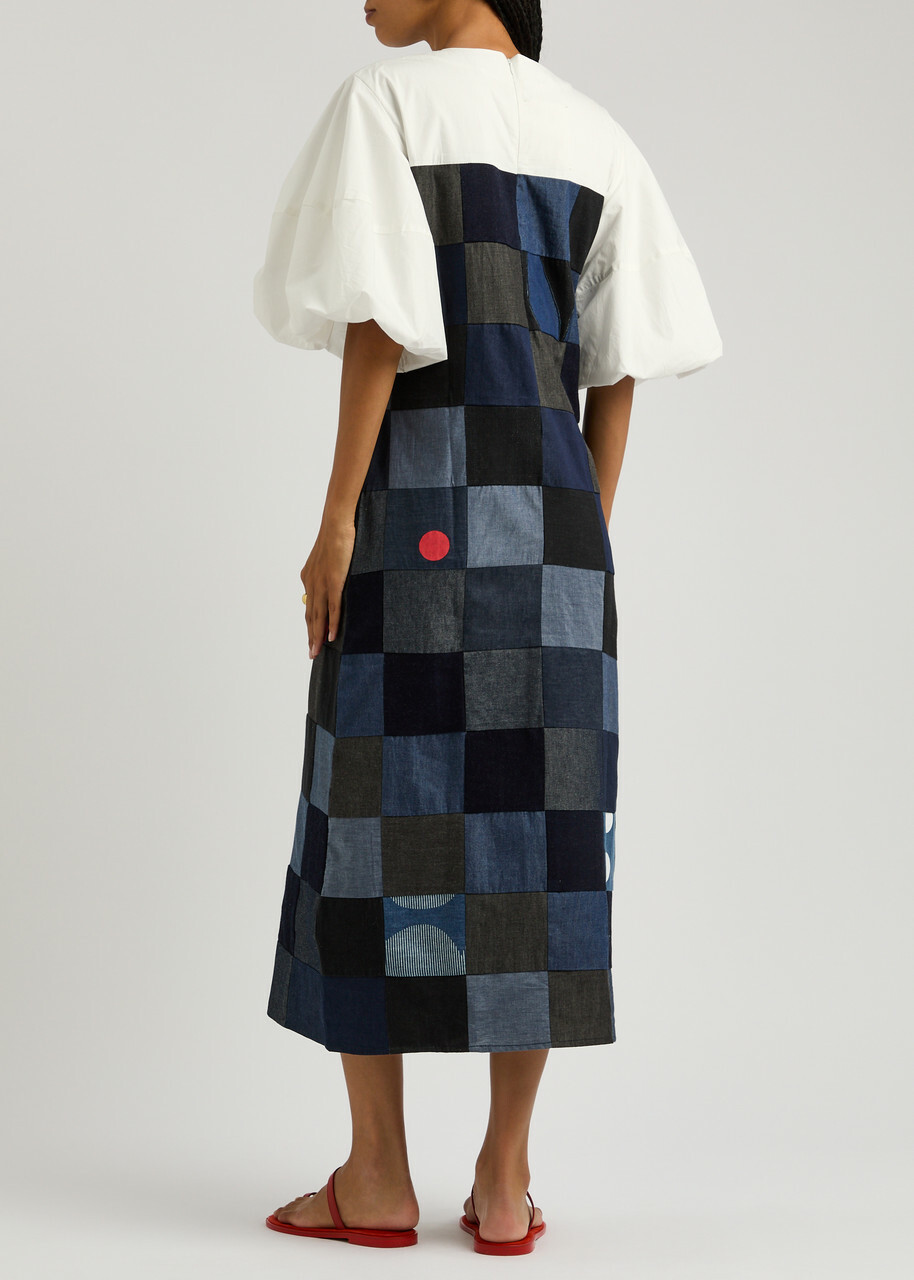 Lovebirds Checked Cotton Midi Dress Blue