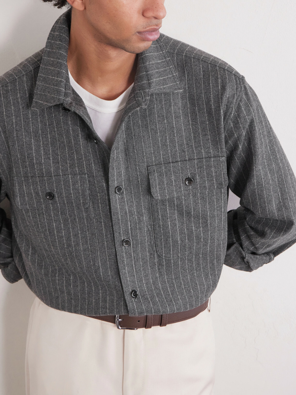 Ralph Lauren Purple label - Pinstriped Super 150s Wool-Flannel Shirt - Gray