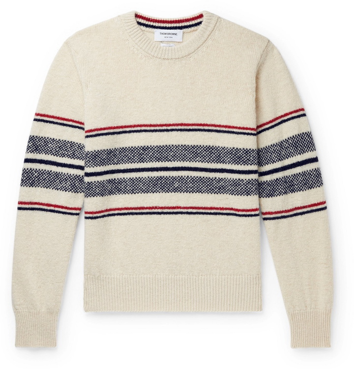 Photo: THOM BROWNE - Slim-Fit Striped Wool and Mohair-Blend Sweater - White