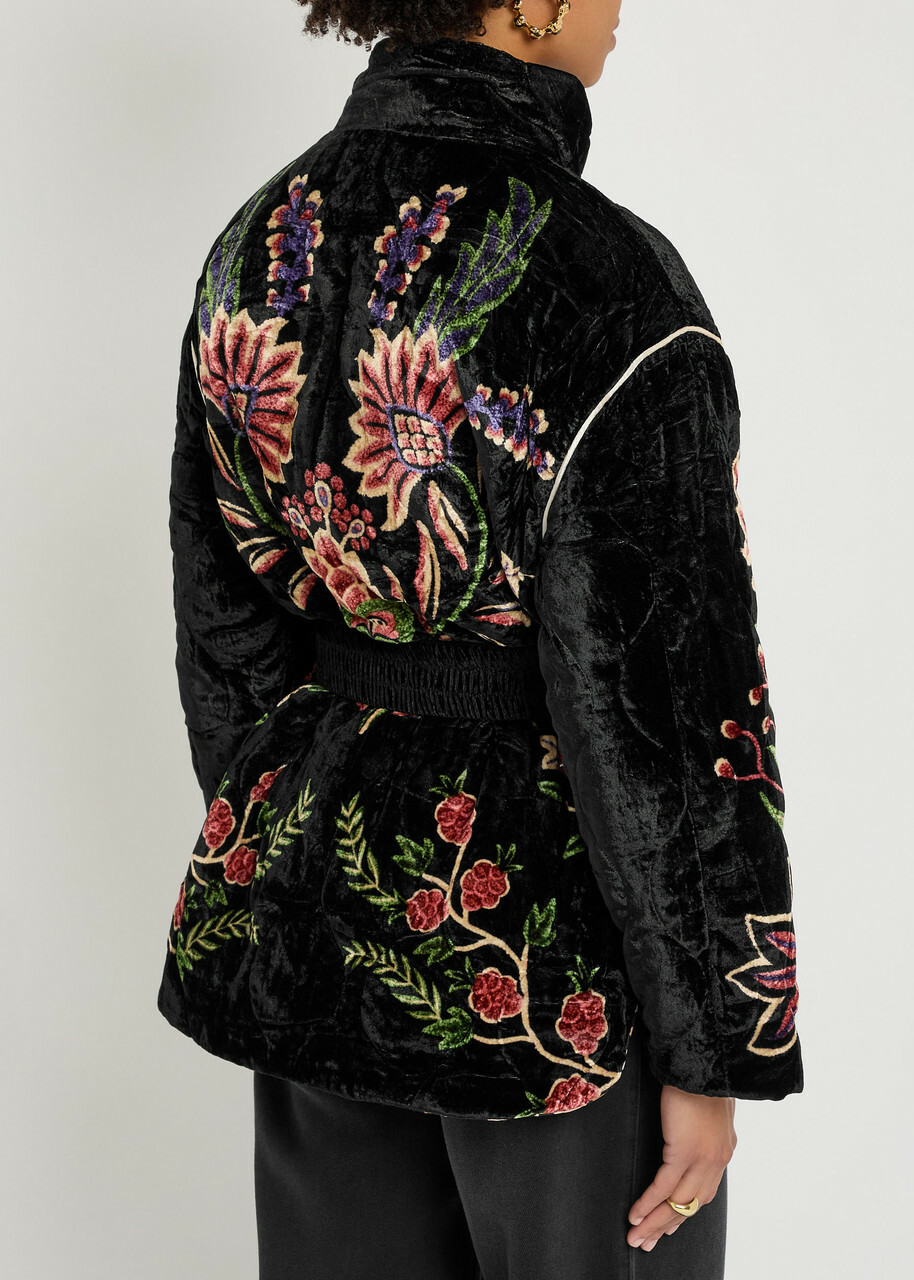 Farm Rio Marvelous Garden Floral-print Velvet Jacket Black
