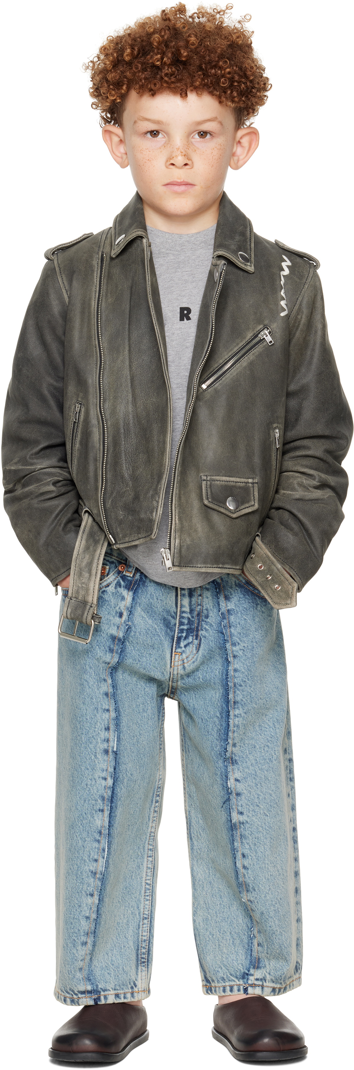 Marni Kids Gray 'Marni' Symbol Leather Jacket