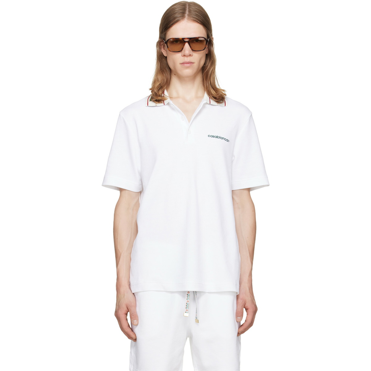 Casablanca White Laurel Pique Short Sleeve Polo