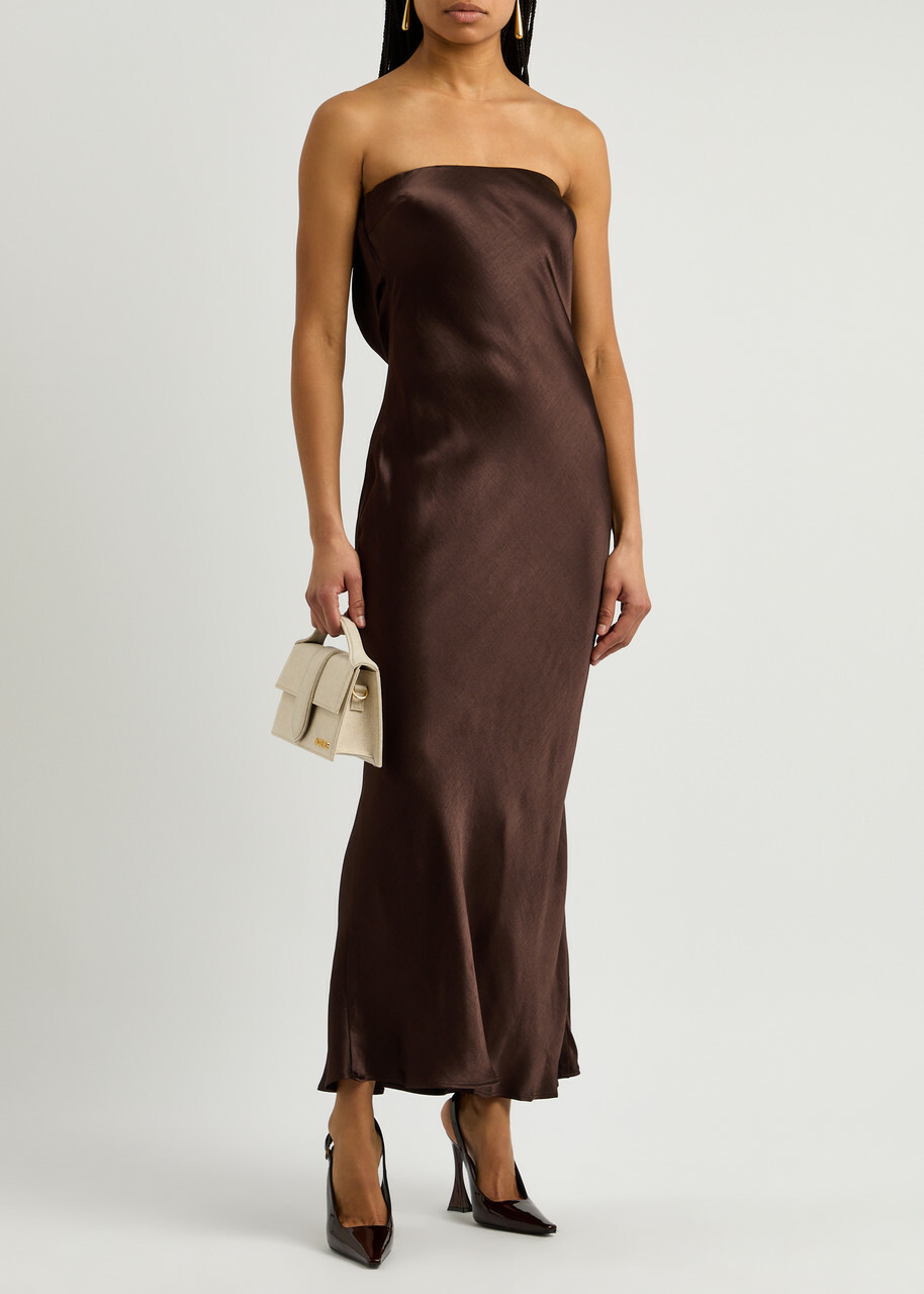Bec & Bridge Moon Dance Strapless Satin Maxi Dress Dark Brown