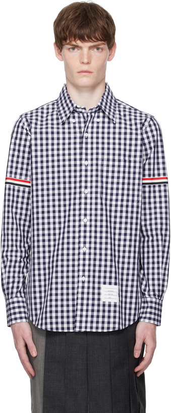 Photo: Thom Browne Navy & White Gingham Check Poplin Armband Shirt