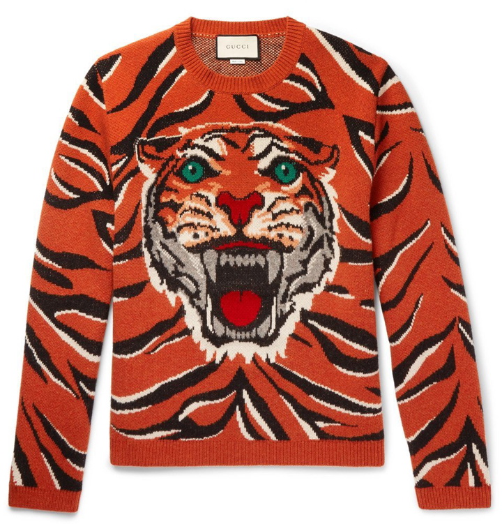 Photo: Gucci - Embroidered Tiger-Intarsia Wool Sweater - Men - Orange