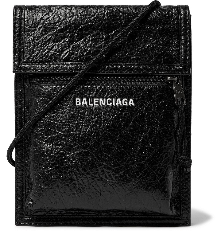 Photo: BALENCIAGA - Logo-Print Creased-Leather Messenger Bag - Black