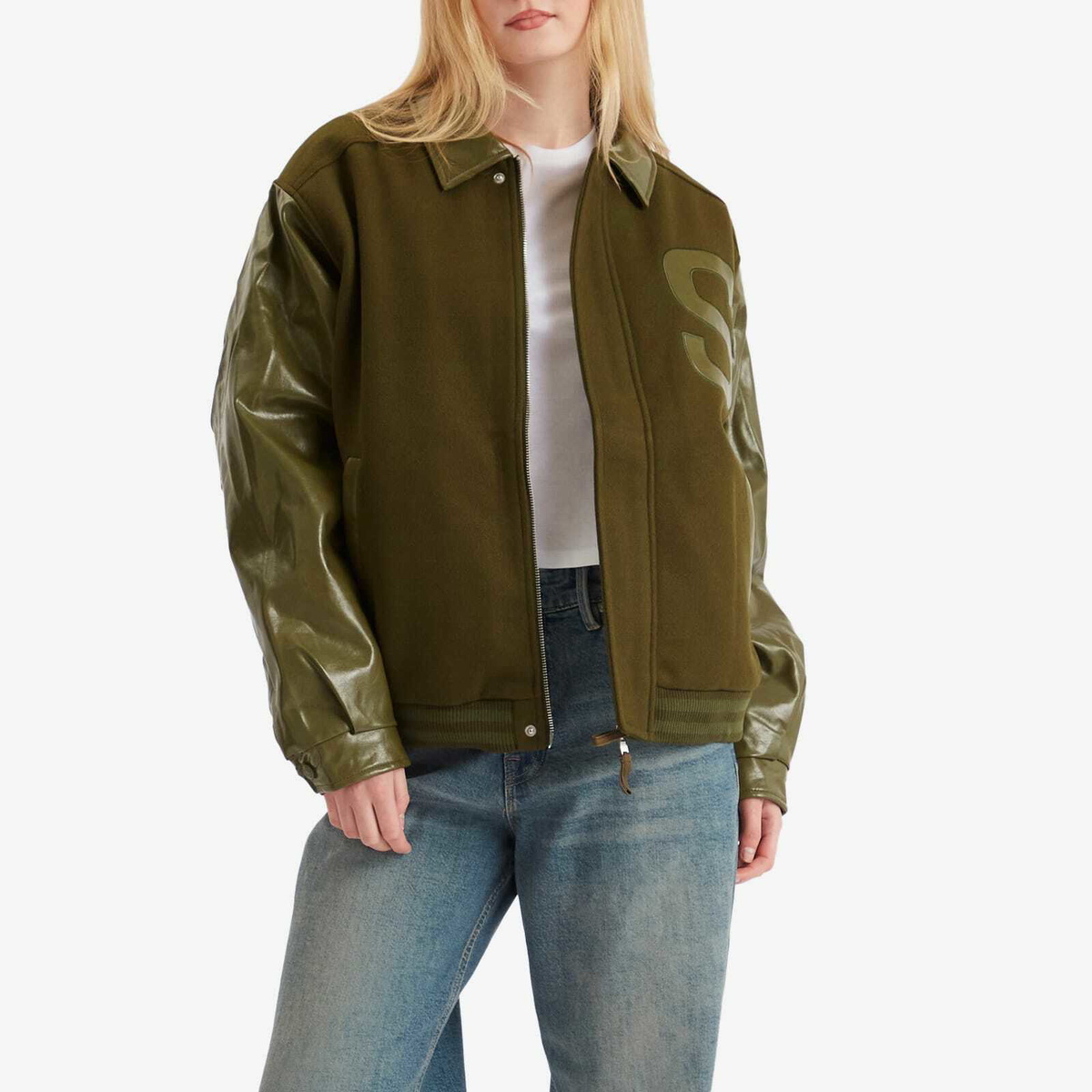 House Of Sunny Women's Vinyl Free Fall Bomber Jacket in Army Green
