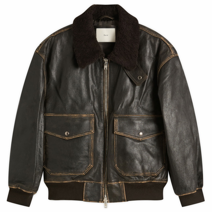 Photo: DUNST Women's Shearling Collar Leather Jacket in Brushed Brown