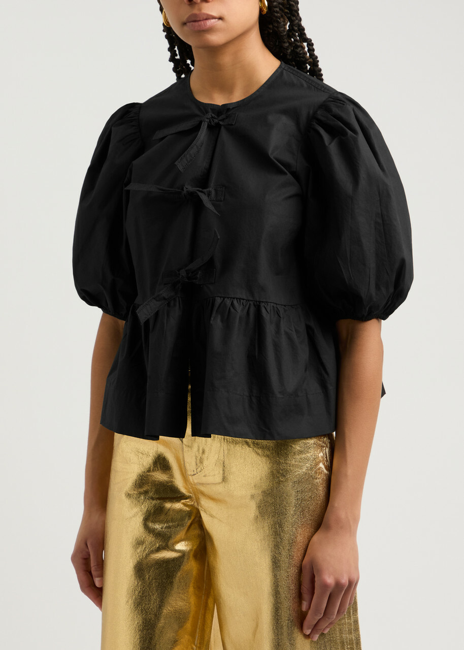 Ganni Tie-front Cotton-poplin Blouse Black GANNI