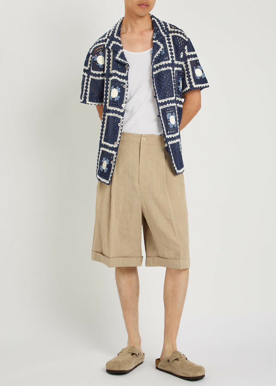 Che Tejer Patchwork Crochet Open-knit Shirt Navy