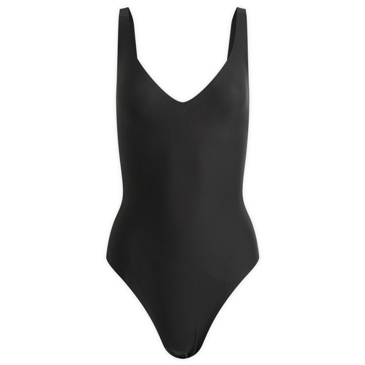 Photo: SKIMS Women's Body Unlined Plunge Thong Bodysuit in Onyx
