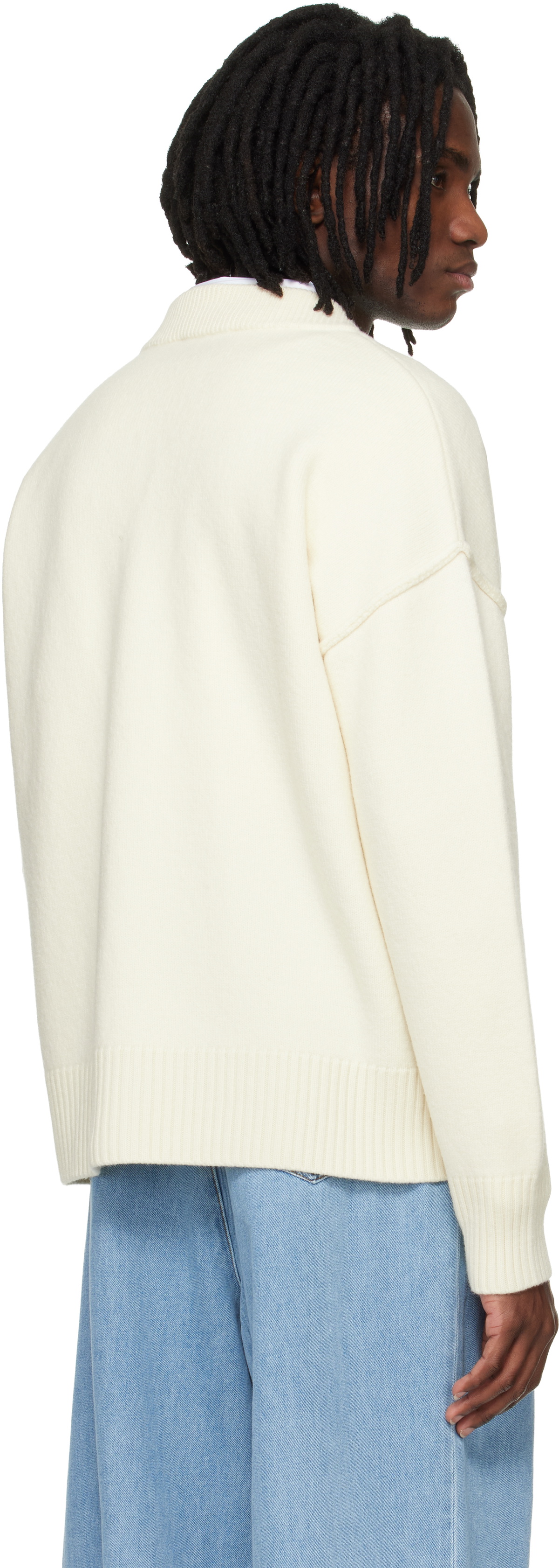 AMI Paris Off-White Wool Contrasted Ami de Coeur Cardigan