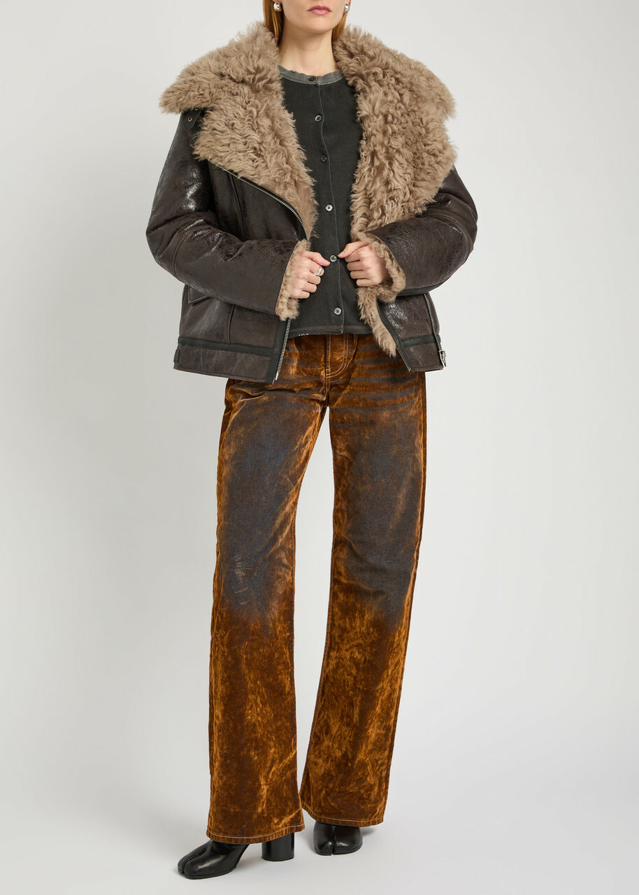 Acne Studios Leather Shearling Jacket Dark Grey
