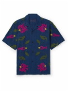 Kardo - Convertible-Collar Appliquéd Embroidered Cotton Shirt - Blue