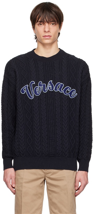 Photo: Versace Navy Greca Varsity Sweater