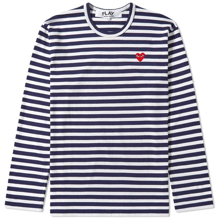 Photo: Comme des Garcons Play Long Sleeve Heart Logo Stripe Tee Blue