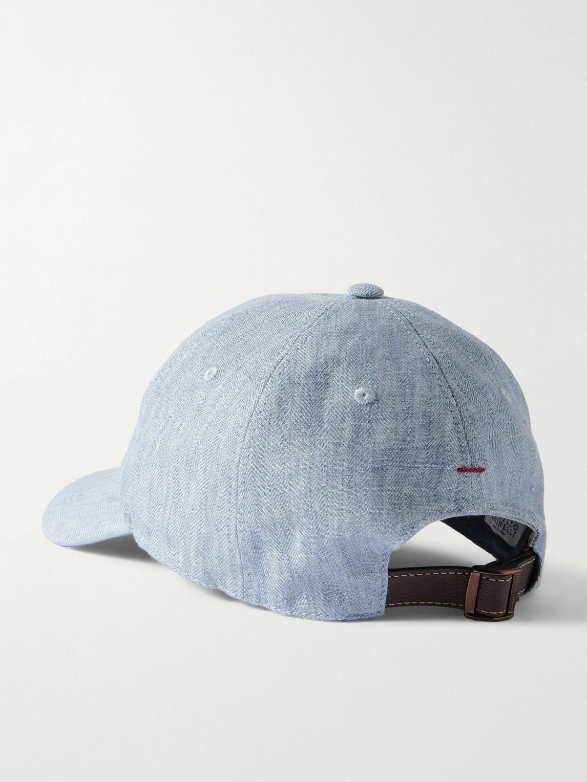 Brunello Cucinelli - Logo-Embroidered Leather-Trimmed Herringbone Linen ...