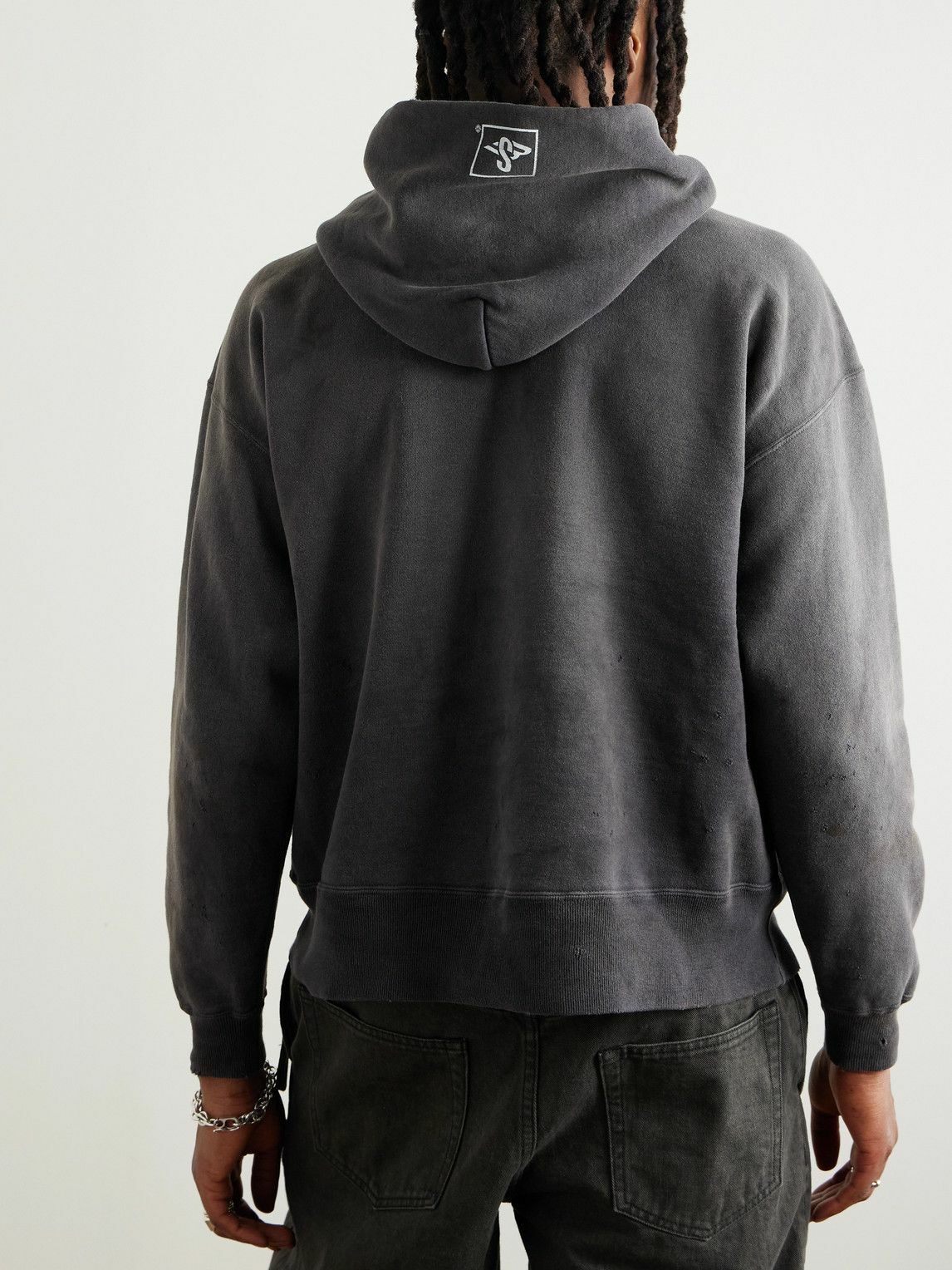 SAINT MXXXXXX - SMX6 Distressed Logo-Print Cotton-Jersey Hoodie - Black