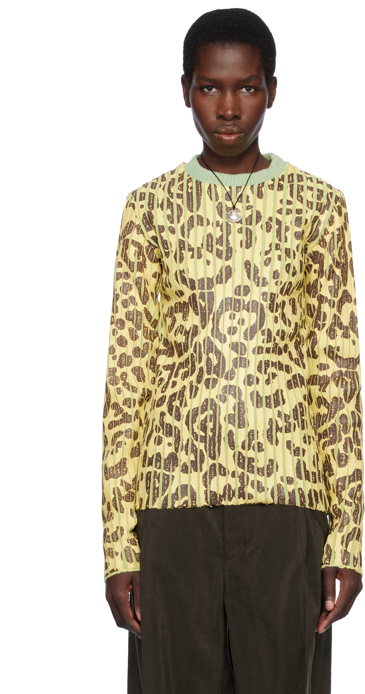 Stanley Raffington Yellow & Green Leopard Print Plated Knit Crewneck Sweater