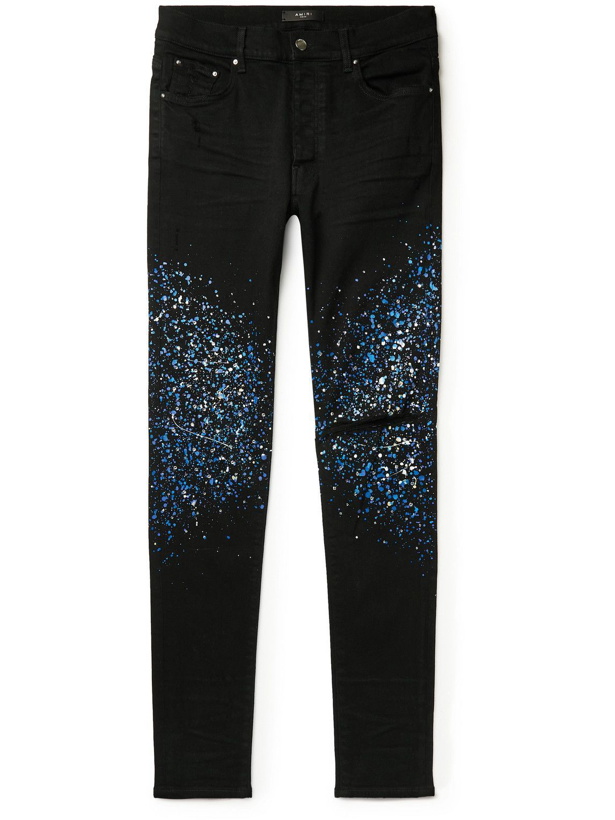 Photo: AMIRI - Skinny-Fit Distressed Crystal-Embellished Paint-Splattered Jeans - Black