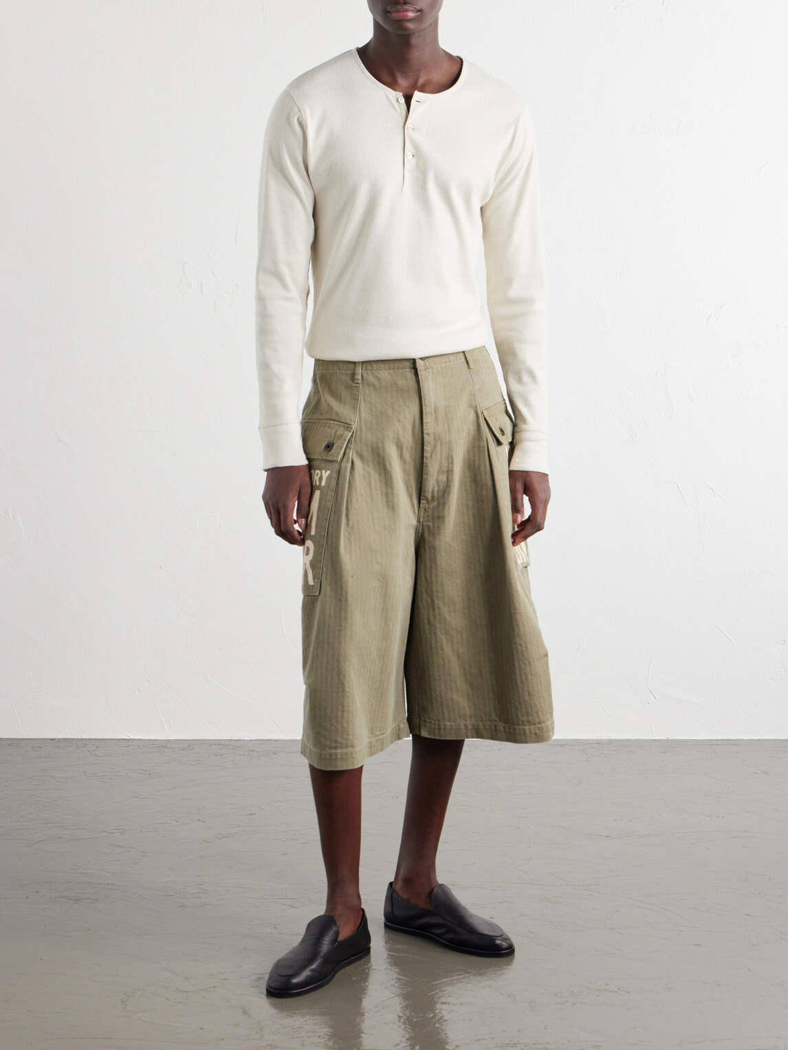 KAPITAL - Wide-Leg Printed Herringbone Cotton Shorts - Green