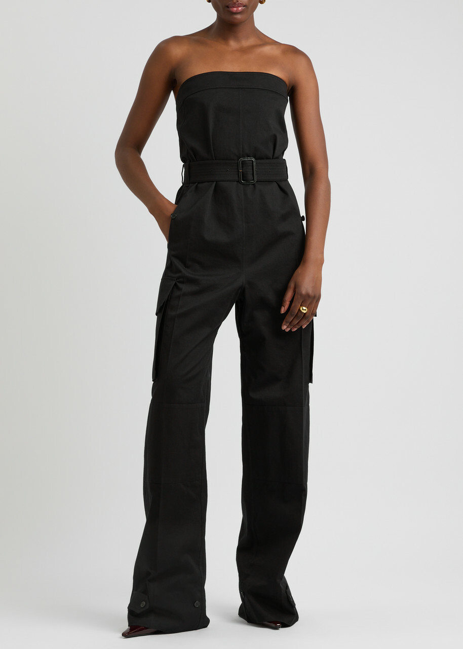 Saint Laurent Strapless Belted Cotton-twill Cargo Jumpsuit Black