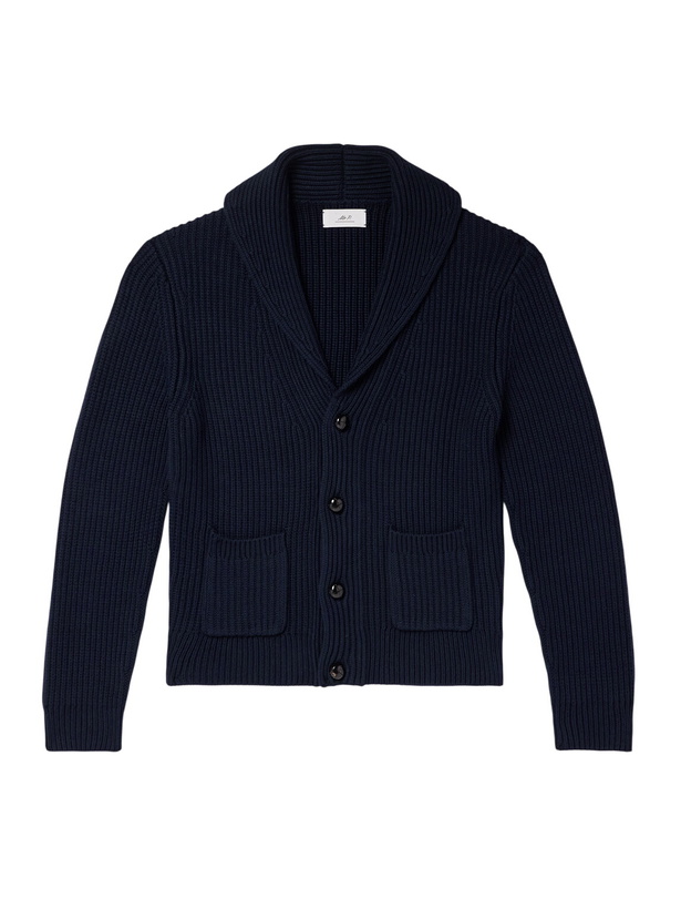 Photo: Mr P. - Shawl-Collar Ribbed Cotton and Cashmere-Blend Cardigan - Blue