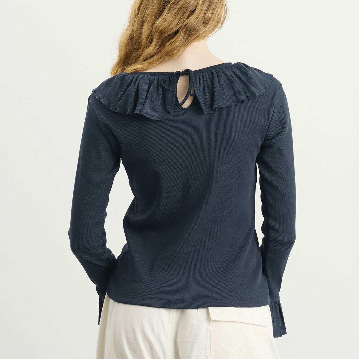 Beams Boy Women's Rib Knitted Ruffle Gathered Long Sleeve T-Shirt in Navy