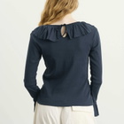 Beams Boy Women's Rib Knitted Ruffle Gathered Long Sleeve T-Shirt in Navy