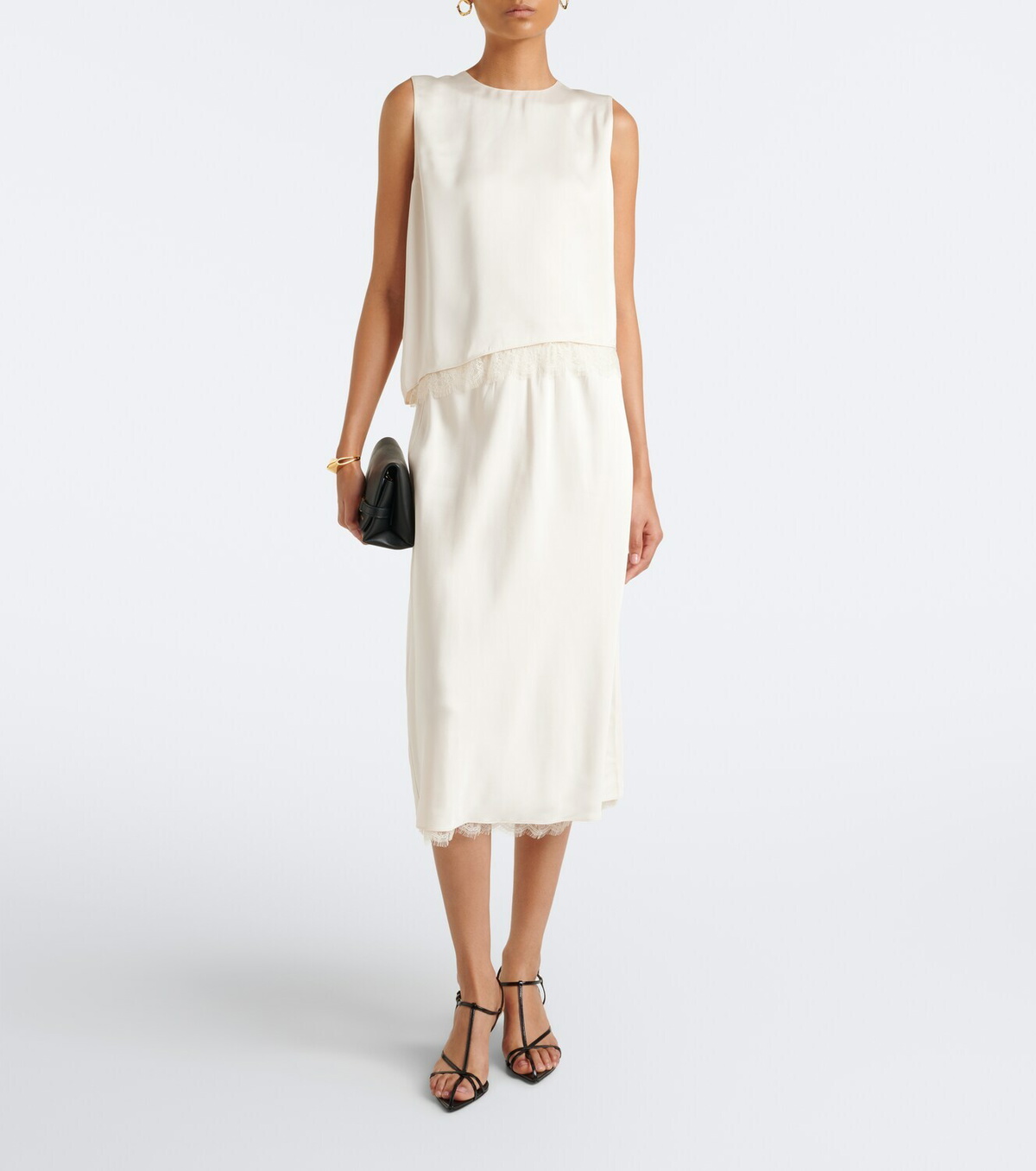 Vince Lace-trimmed satin midi skirt