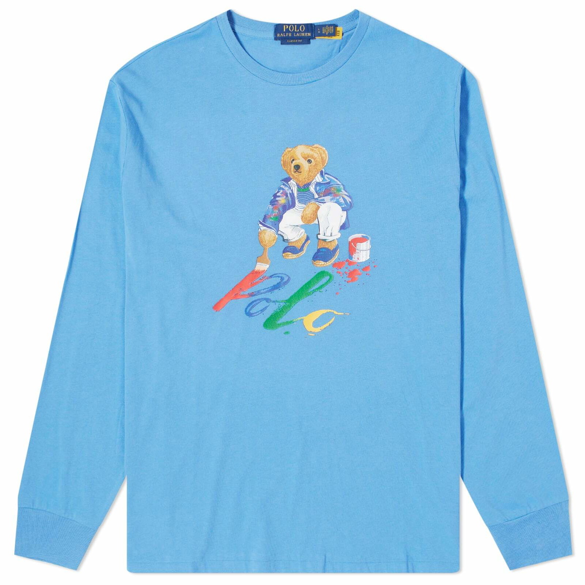 Polo Ralph Lauren Men's Long Sleeve Painting Bear T-Shirt in Summer Blue