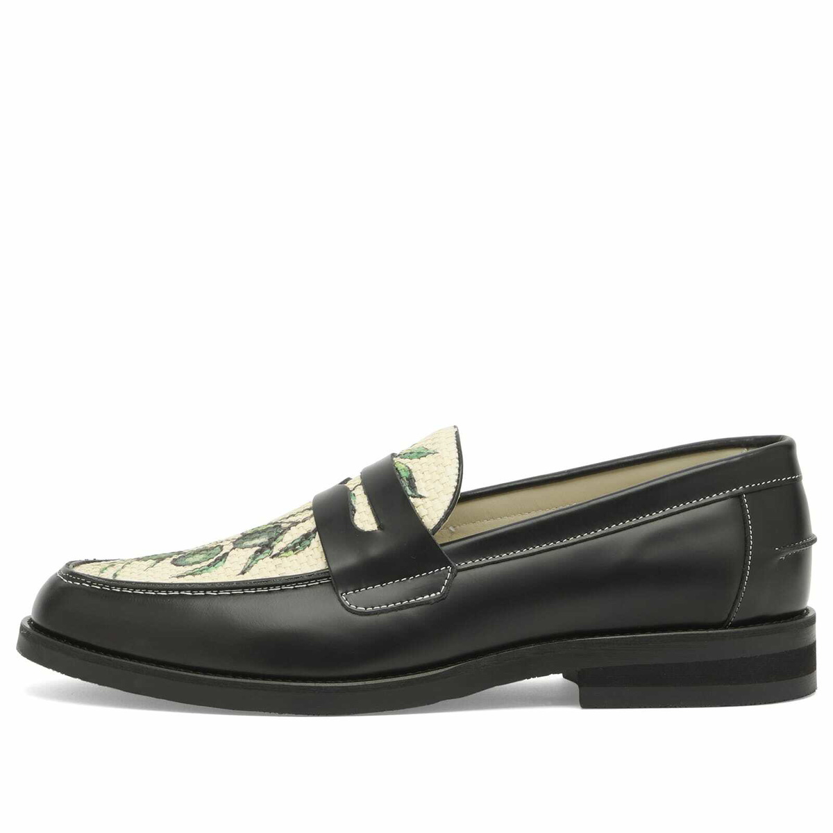 Duke + Dexter Men's Wilde Olive Raffia Penny Loafer in Black/White