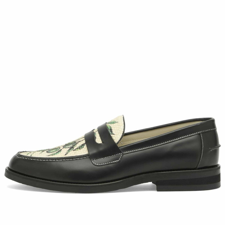 Photo: Duke + Dexter Men's Wilde Olive Raffia Penny Loafer in Black/White