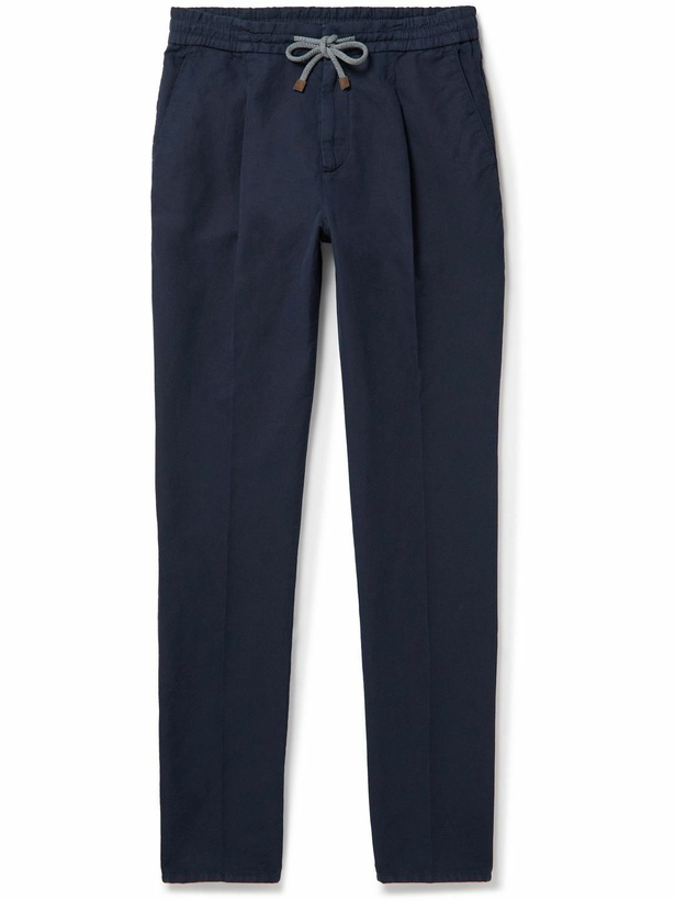 Photo: Brunello Cucinelli - Slim-Fit Tapered Linen and Cotton-Blend Drawstring Trousers - Blue