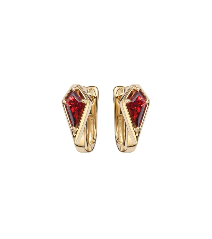 Photo: Stone and Strand Kite 14kt gold huggie earrings with garnet