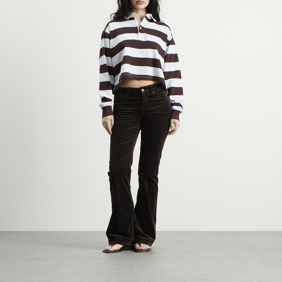 Good American Women's Cropped Rugby Polo Top in Espresso Sky Block Stripe