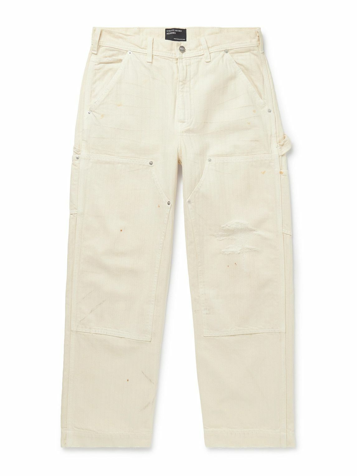 Enfants Riches Déprimés - Straight-Leg Distressed Panelled Herringbone Denim Trousers - Neutrals
