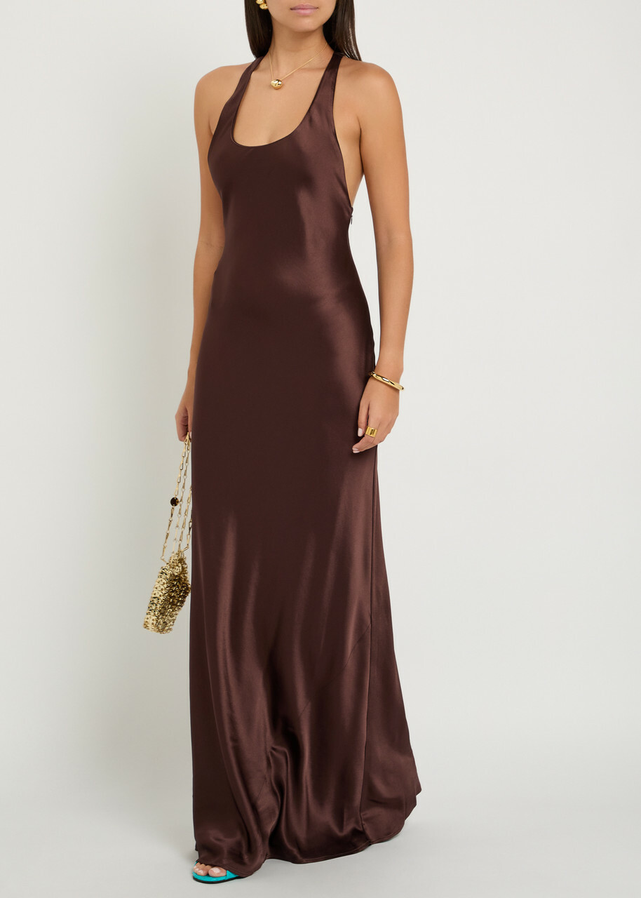 Staud Juanita Satin Maxi Dress Brown