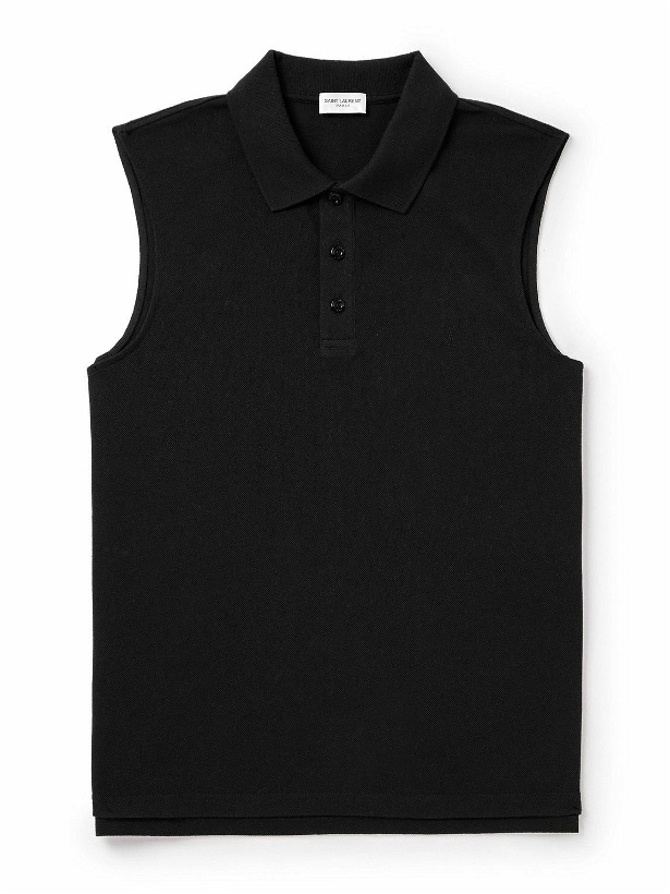 Photo: SAINT LAURENT - Sleeveless Cotton-Blend Piqué Polo Shirt - Black