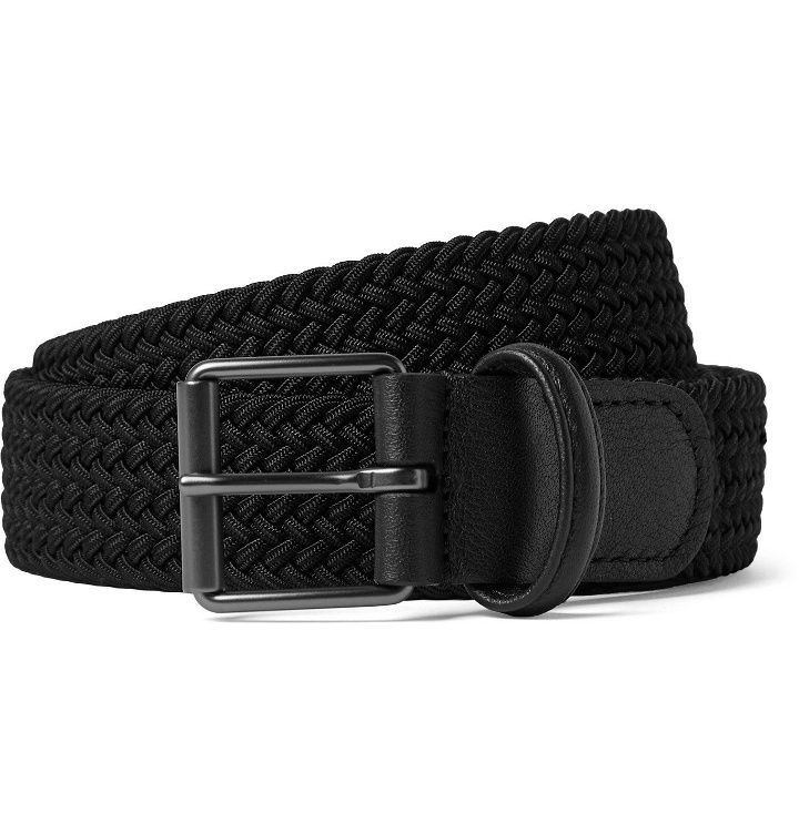 Photo: Anderson's - 3.5cm Leather-Trimmed Woven Elastic Belt - Black