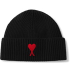 AMI PARIS - Logo-Appliquéd Ribbed Merino Wool Beanie - Black