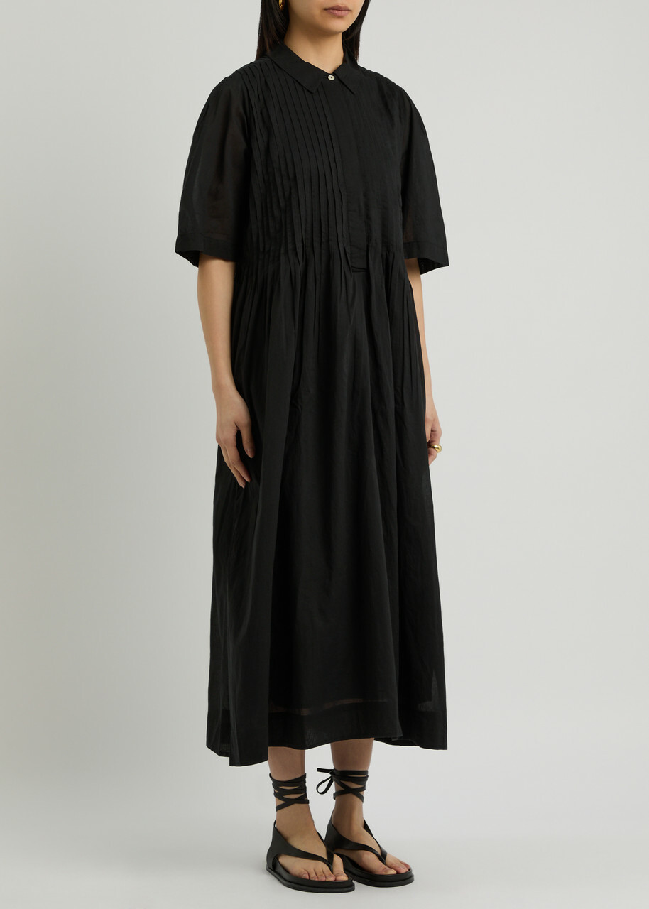 Skall Studio Dot Pintuck Cotton Midi Shirt Dress Black