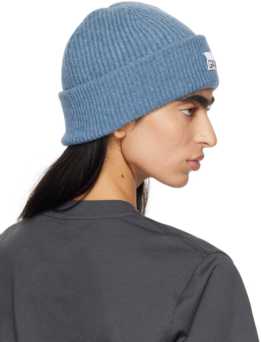 GANNI Blue Fitted Wool Rib Knit Beanie GANNI