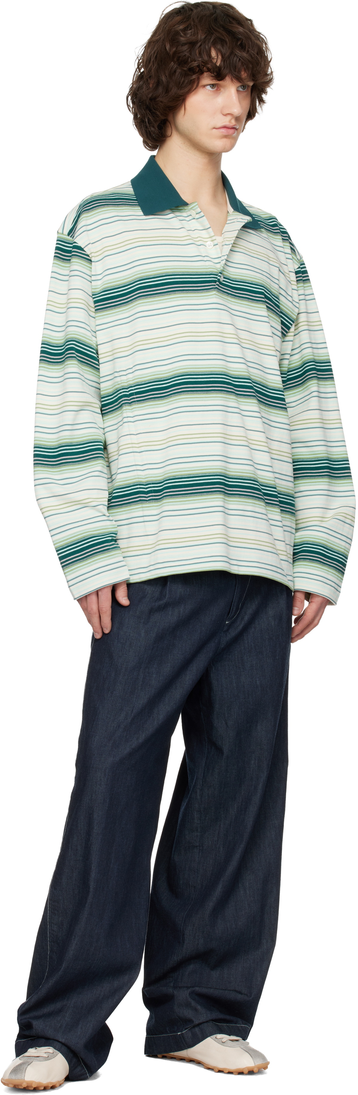 Solid Homme Green Striped Drawstring Collar Neck Long Sleeve Polo