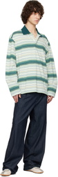 Solid Homme Green Striped Drawstring Collar Neck Long Sleeve Polo