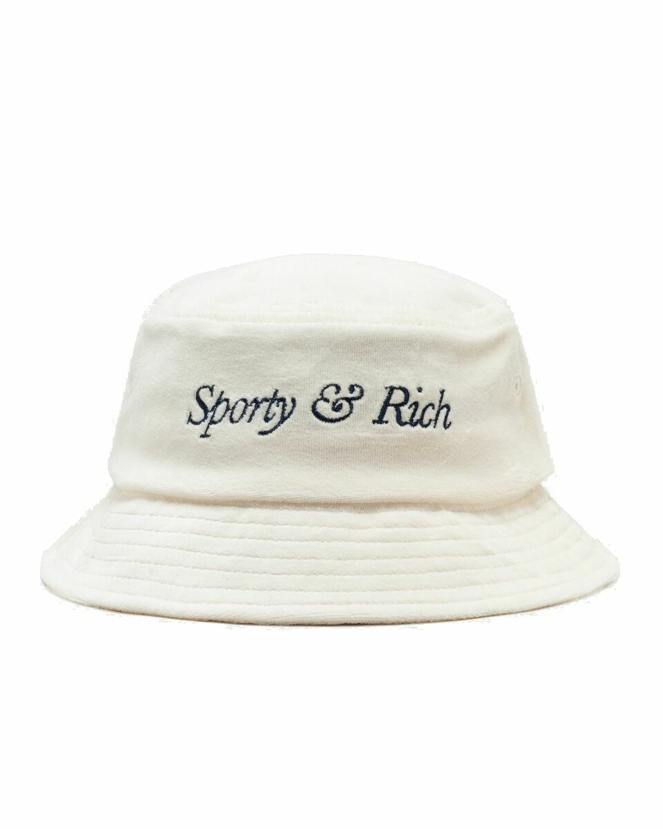 Photo: Sporty & Rich Italic Logo Embroidered Velour Bucket Hat Beige - Mens - Hats