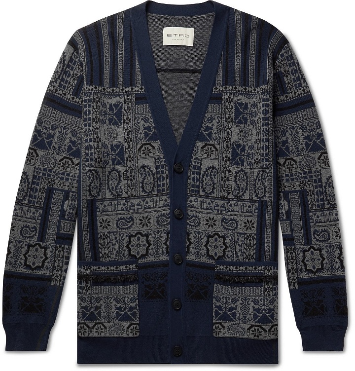 Photo: Etro - Fringed Printed Wool, Linen and Silk-Blend Cardigan - Blue
