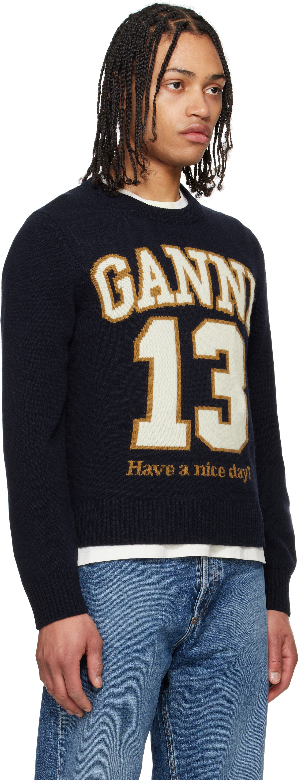 GANNI Navy Graphic Wool Mix Baseball Sweater