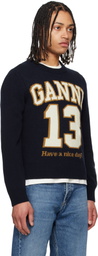 GANNI Navy Graphic Wool Mix Baseball Sweater