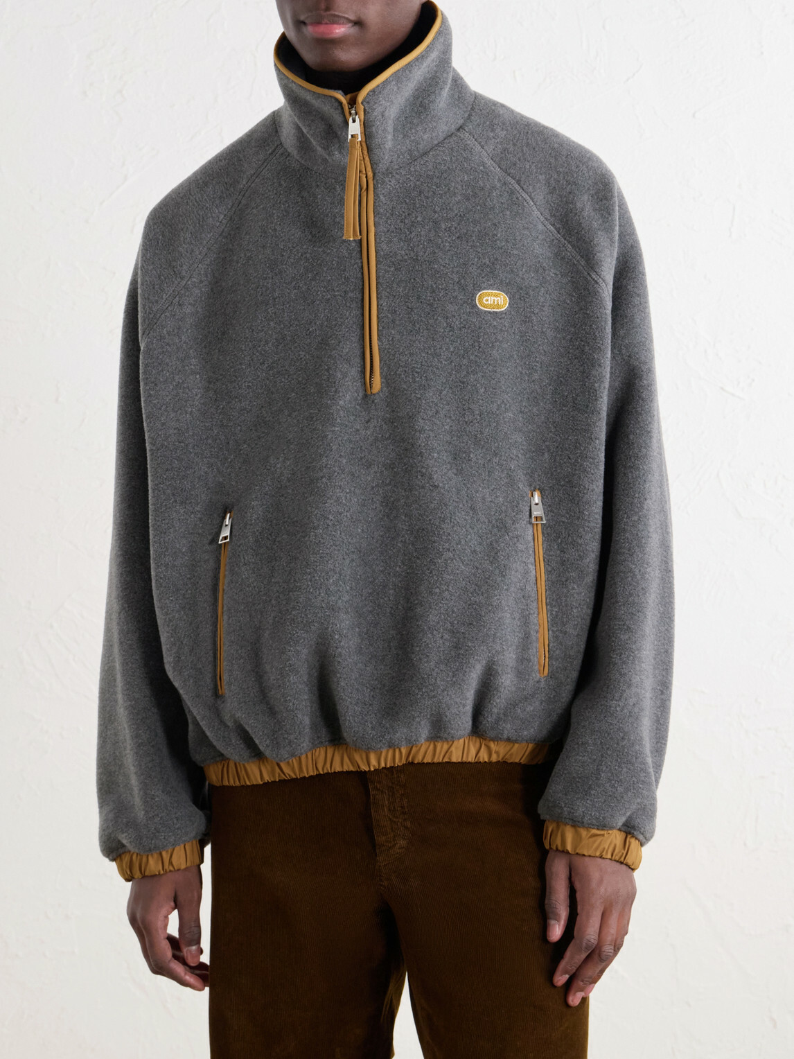 AMI PARIS - Logo-Appliquéd Shell-Trimmed Fleece Half-Zip Sweater - Gray